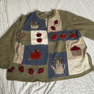Croft & Barrow 2X Cardigan Fall Pumpkins Green Zip Sweater Granny